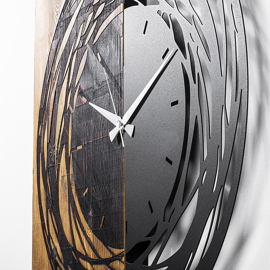 Spiral Dalga Ahşap Metal Duvar Saati - Kahve