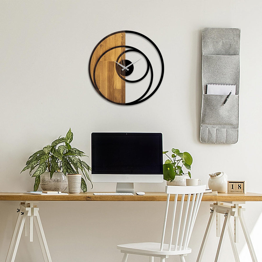 Sarmal Spiral Metal Ahşap Duvar Saati - Ahşap