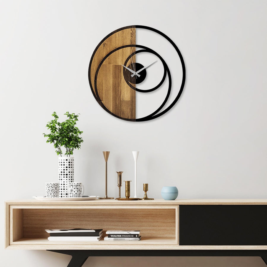 Sarmal Spiral Metal Ahşap Duvar Saati - Ahşap