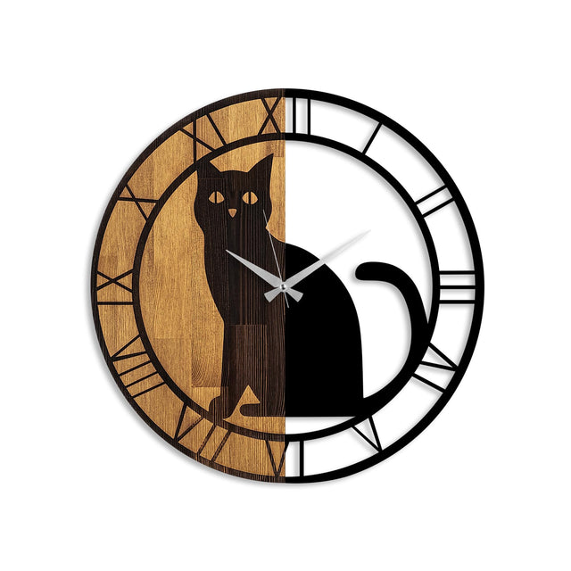 Kedi Metal Ahşap Duvar Saati - Ahşap