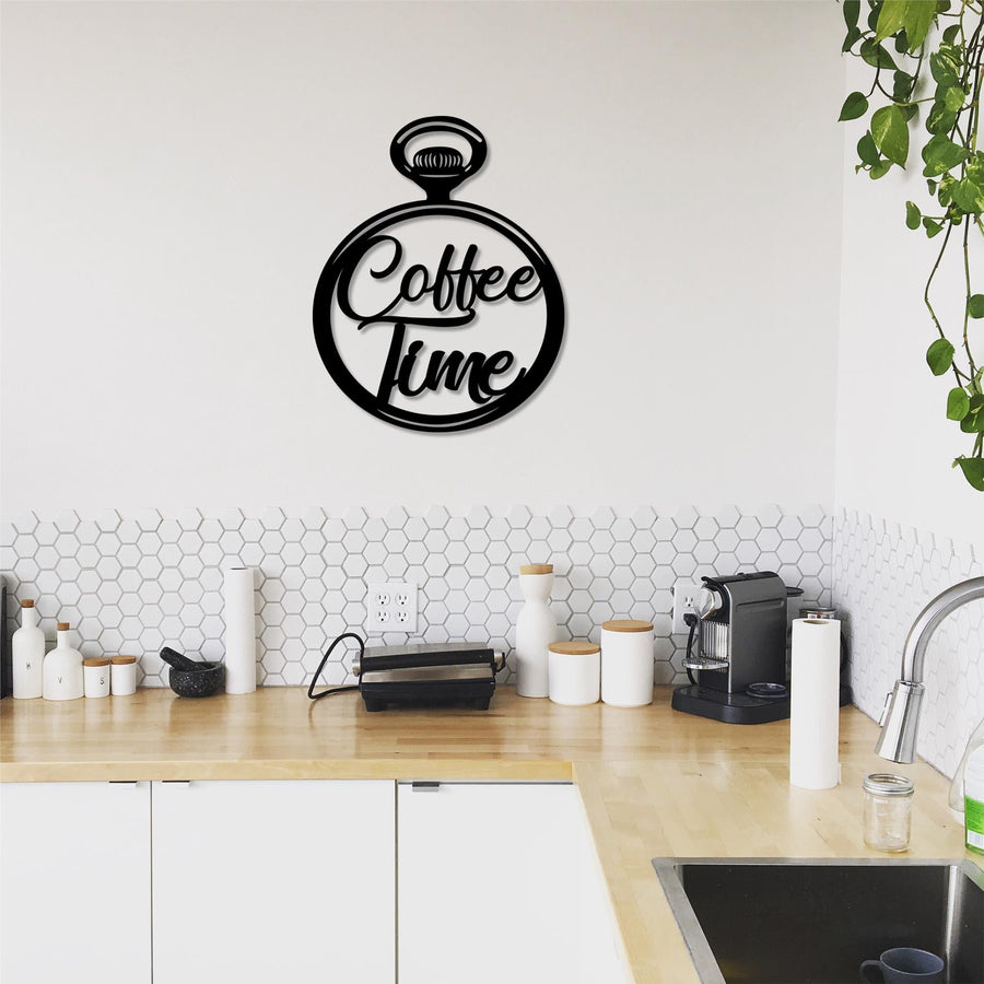 Coffee Time Yazili Metal Duvar Panosu - Siyah