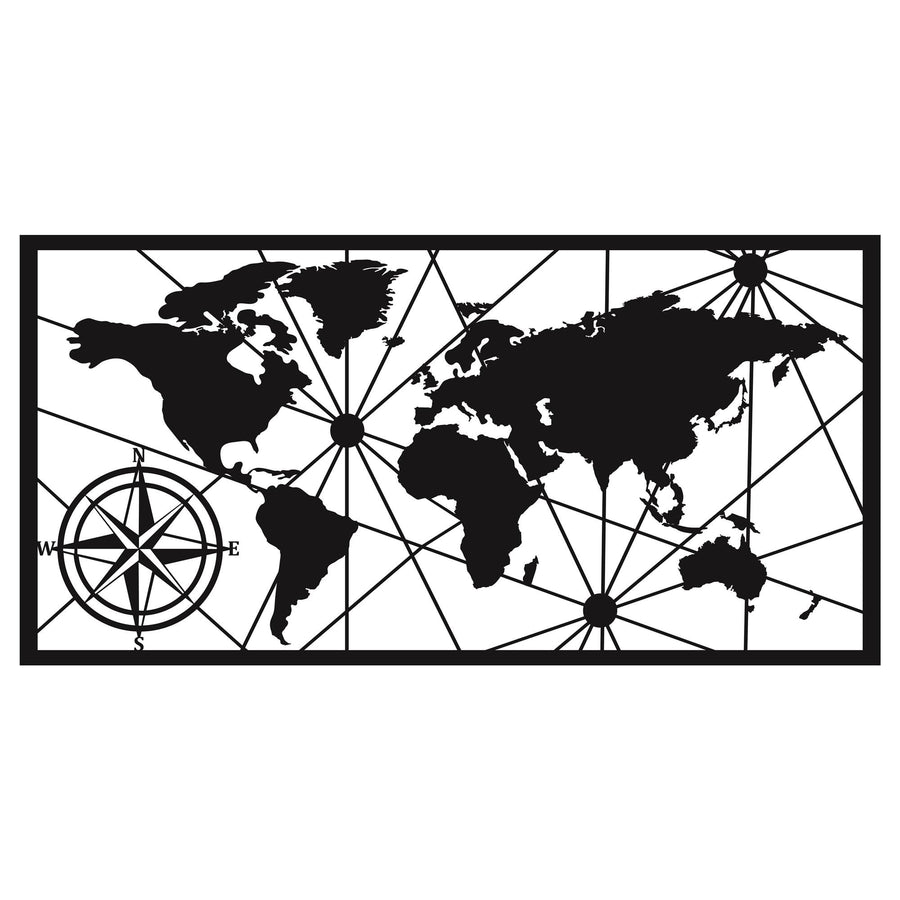 Dünya Haritası Geometrik Metal Duvar Panosu - Siyah