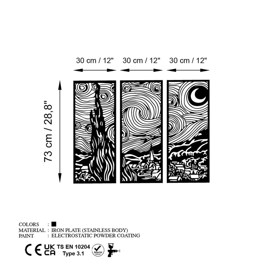 Yildizli Gece Uc Parca Metal Duvar Panosu - Siyah