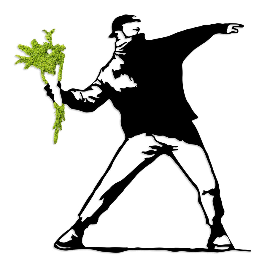 Banksy Cicek Atan Adam Metal Pano Yesil - Siyah