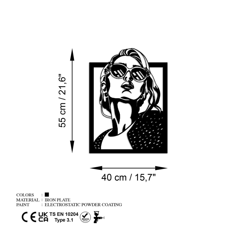Gozluklu Kadın Pop Art Metal Duvar Panosu - Siyah