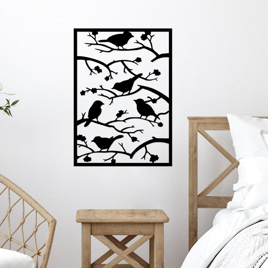 Kuslar ve Dallar Metal Duvar Panosu - Siyah