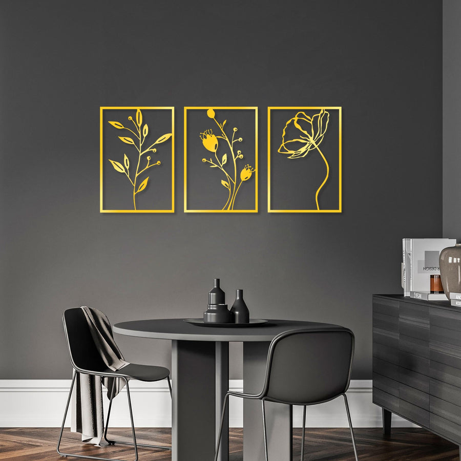 Botanik Metal Duvar Panosu 3'lü Set - Altin