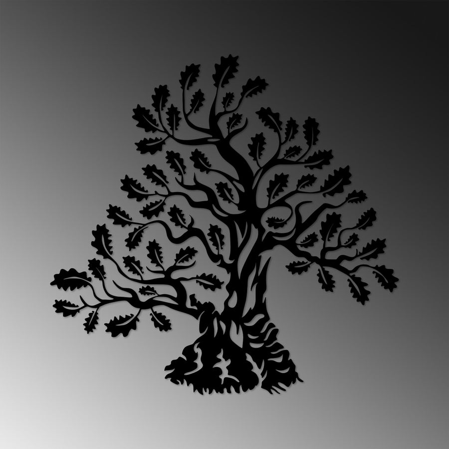 Meşe Yapraklı Köklü Ağaç Metal Duvar Panosu - Siyah