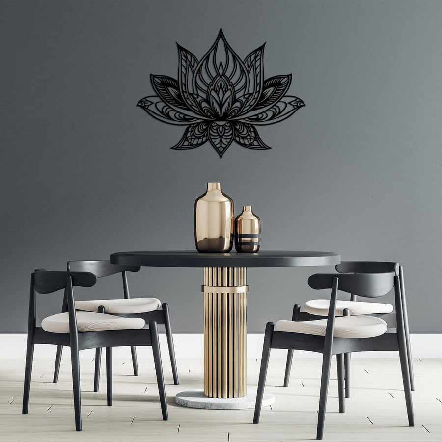 Lotus Mandala Metal Duvar Panosu - Siyah