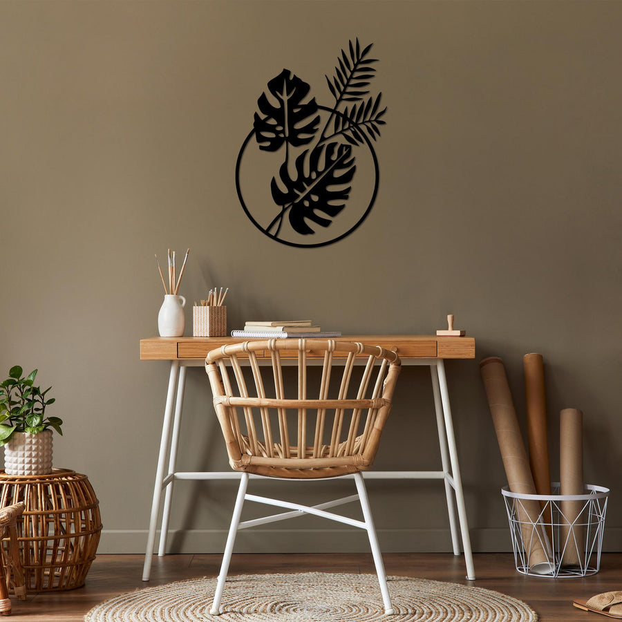 Monstera Yaprakli Daire Metal Duvar Panosu - Siyah