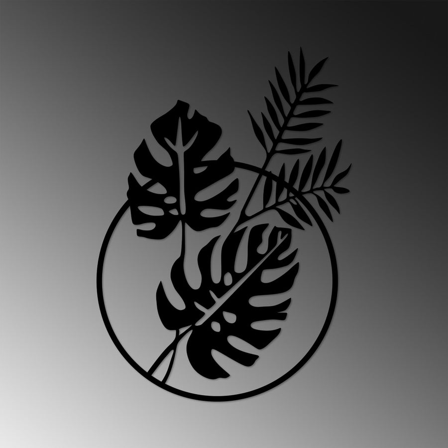 Monstera Yaprakli Daire Metal Duvar Panosu - Siyah