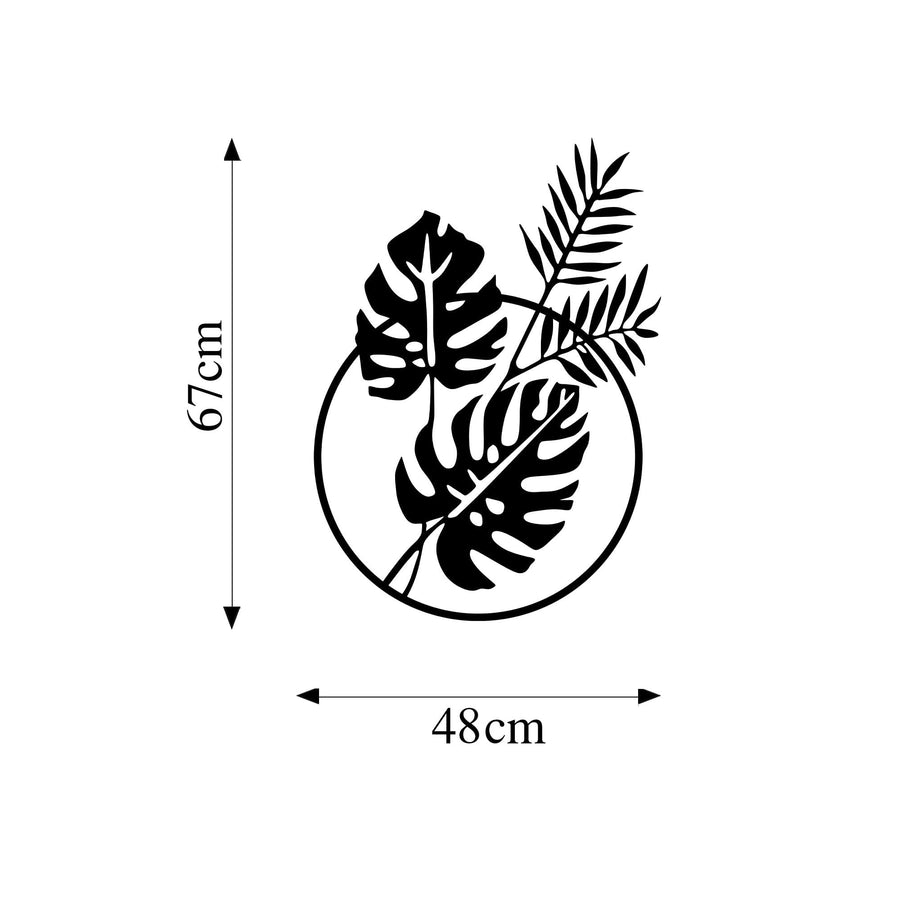 Monstera Yaprakli Daire Metal Duvar Panosu - Siyah