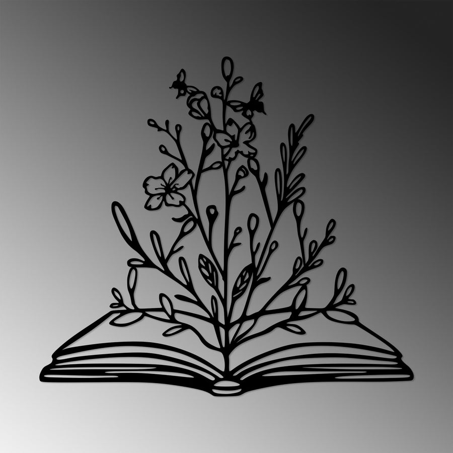 Kitap Çiçek Metal Duvar Panosu - Siyah