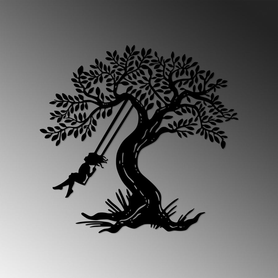 Salıncak Çocuk Ağaç Metal Duvar Panosu - Siyah