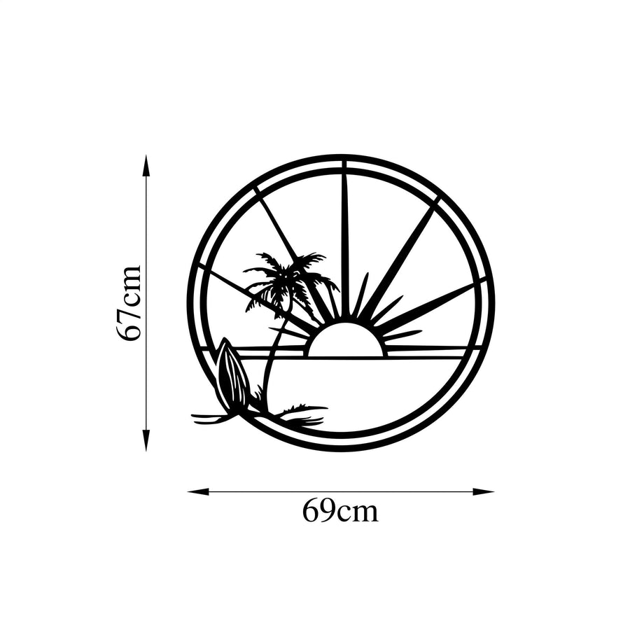 Palmiye Gunbatimi Daire Metal Duvar Panosu - Siyah