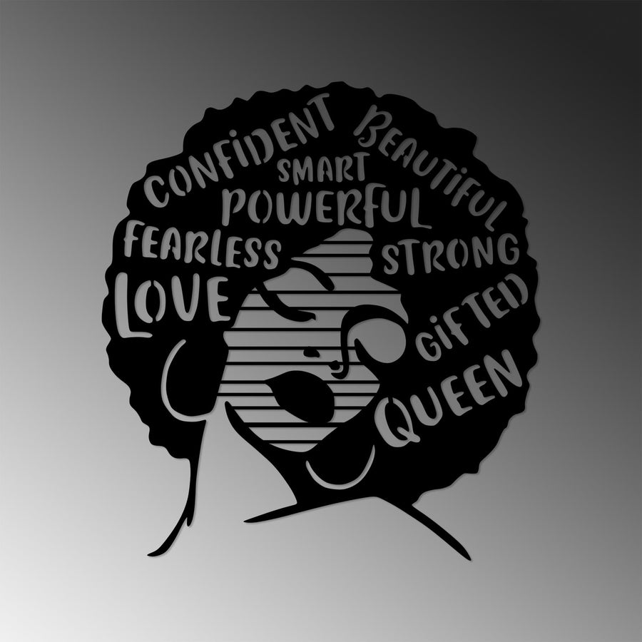 Afro Kadin Queen Love Metal Duvar Panosu - Siyah
