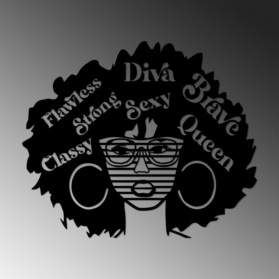 Afro Kadin Diva Brave Metal Duvar Panosu - Siyah
