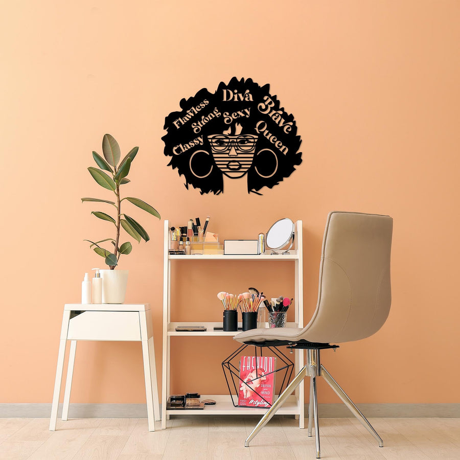 Afro Kadin Diva Brave Metal Duvar Panosu - Siyah