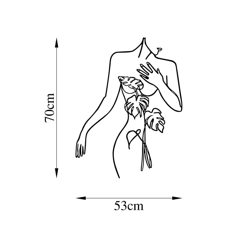 Kadin Figuru Monstera Line Art Metal Panosu - Siyah