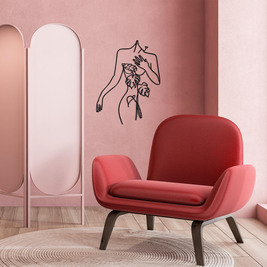 Kadin Figuru Monstera Line Art Metal Panosu - Siyah