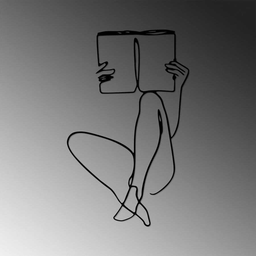 Kitap Okuyan Kadın Line Art Metal Panosu - Siyah