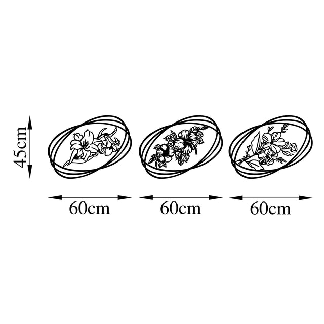 Oval Çerçeveli Çiçek Üçlü Metal Panosu - Siyah