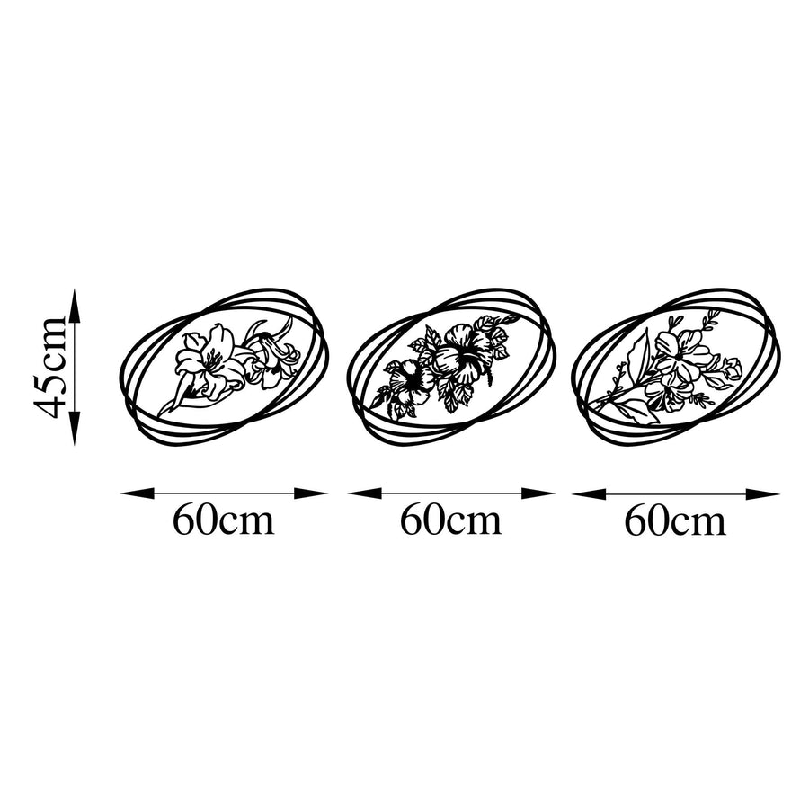 Oval Cerceveli Cicek Uclu Metal Panosu - Siyah
