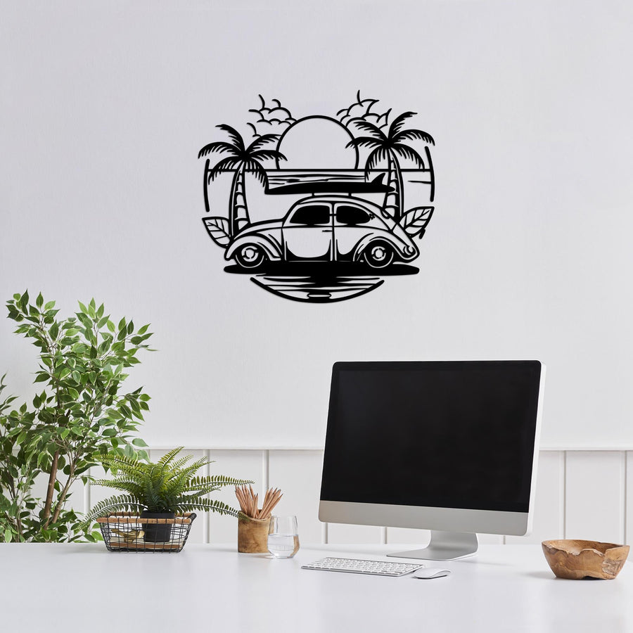 VW Beetle Plaj Metal Duvar Panosu - Siyah
