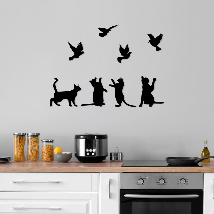 Kedi Kuş Metal Duvar Panosu - Siyah