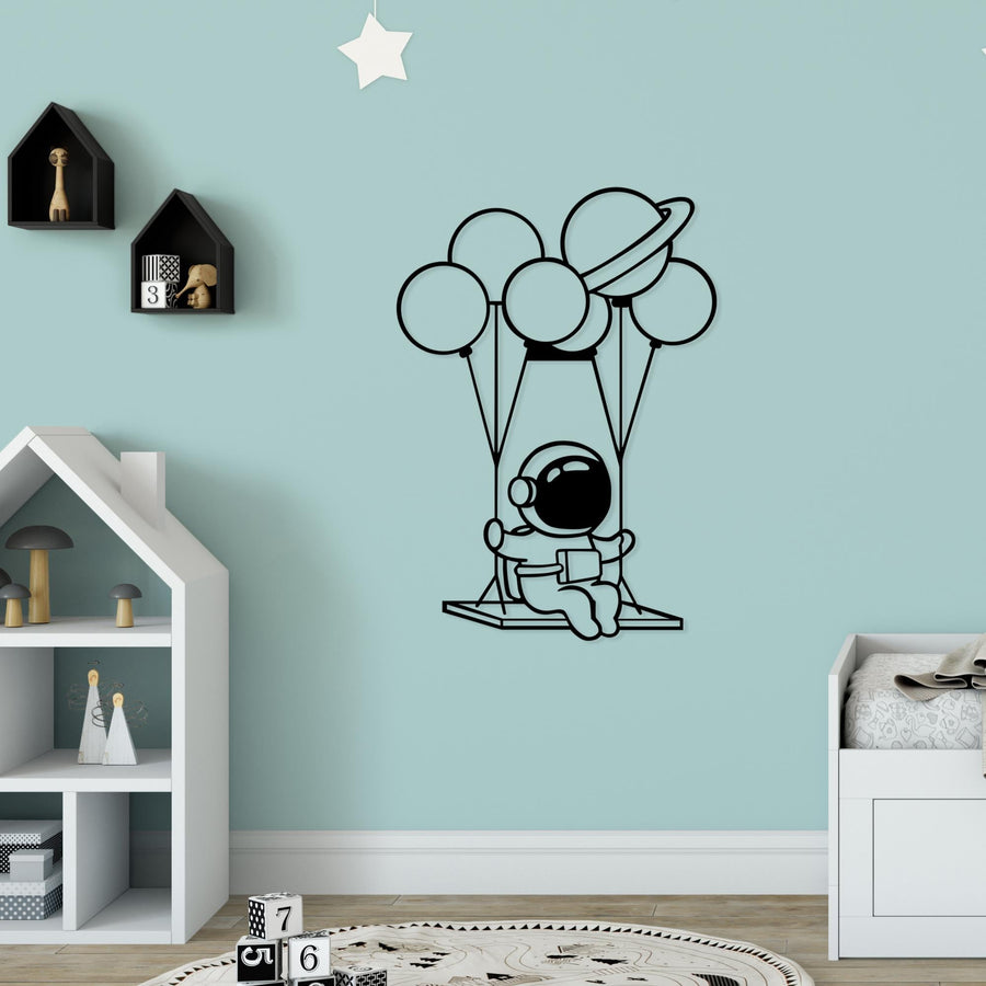 Astronot Balon Metal Duvar Panosu - Siyah
