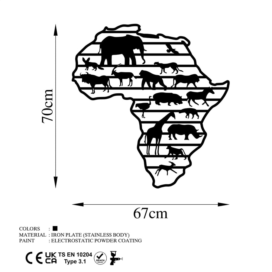 Afrika Haritasi Hayvan Metal Duvar Panosu - Siyah