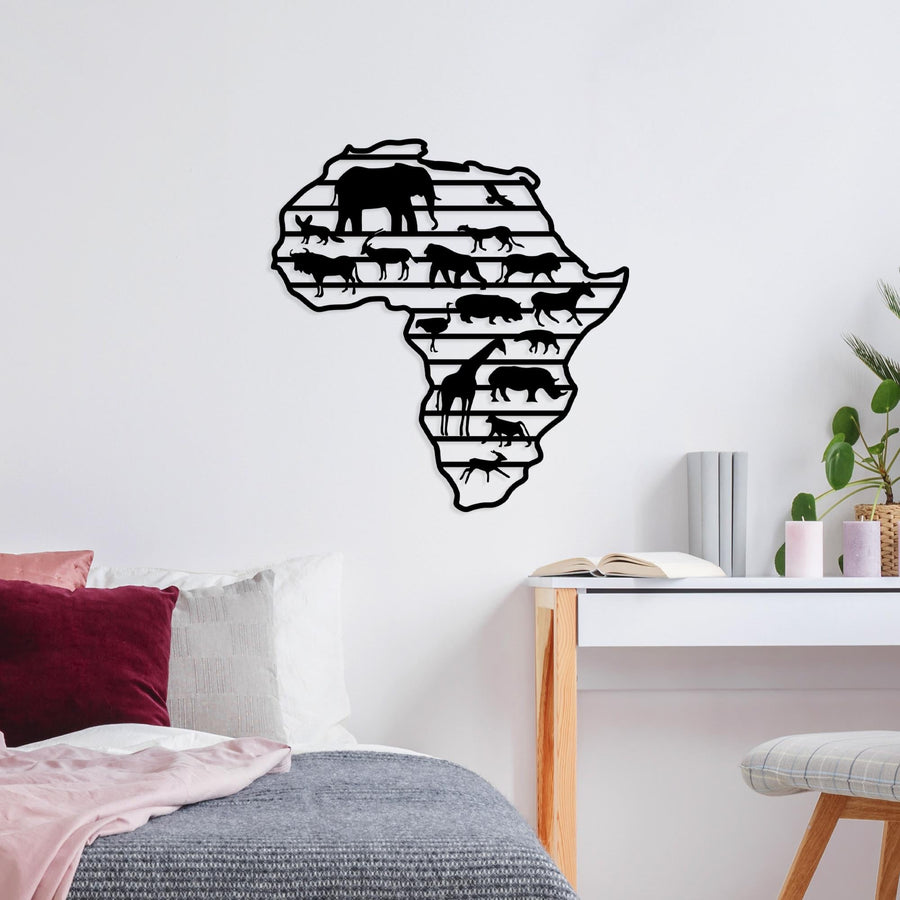Afrika Haritasi Hayvan Metal Duvar Panosu - Siyah