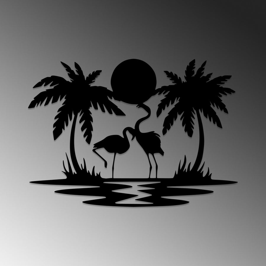 Flamingo Palmiye Metal Duvar Panosu - Siyah