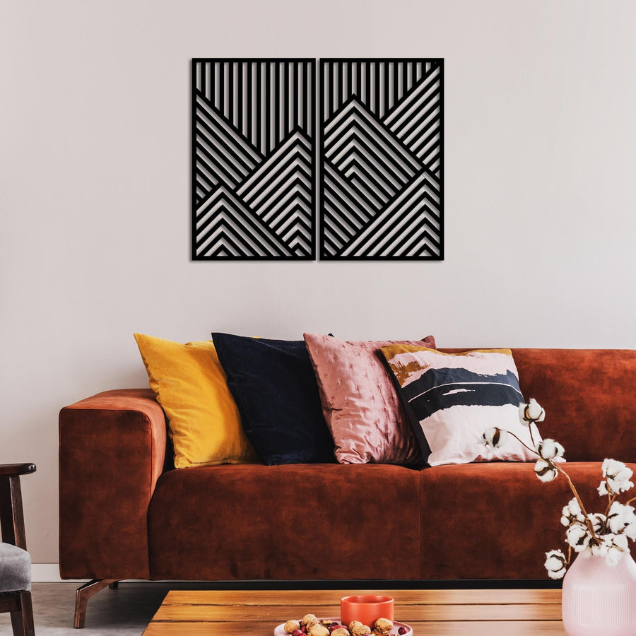 Geometrik Dağ Metal Duvar Panosu 2li Set - Siyah