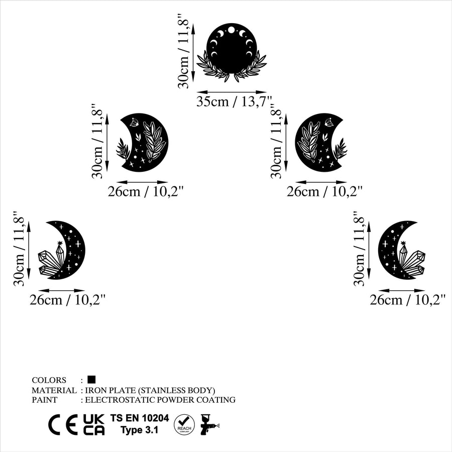 Ay Evreleri Metal Duvar Panosu 5li Set - Siyah