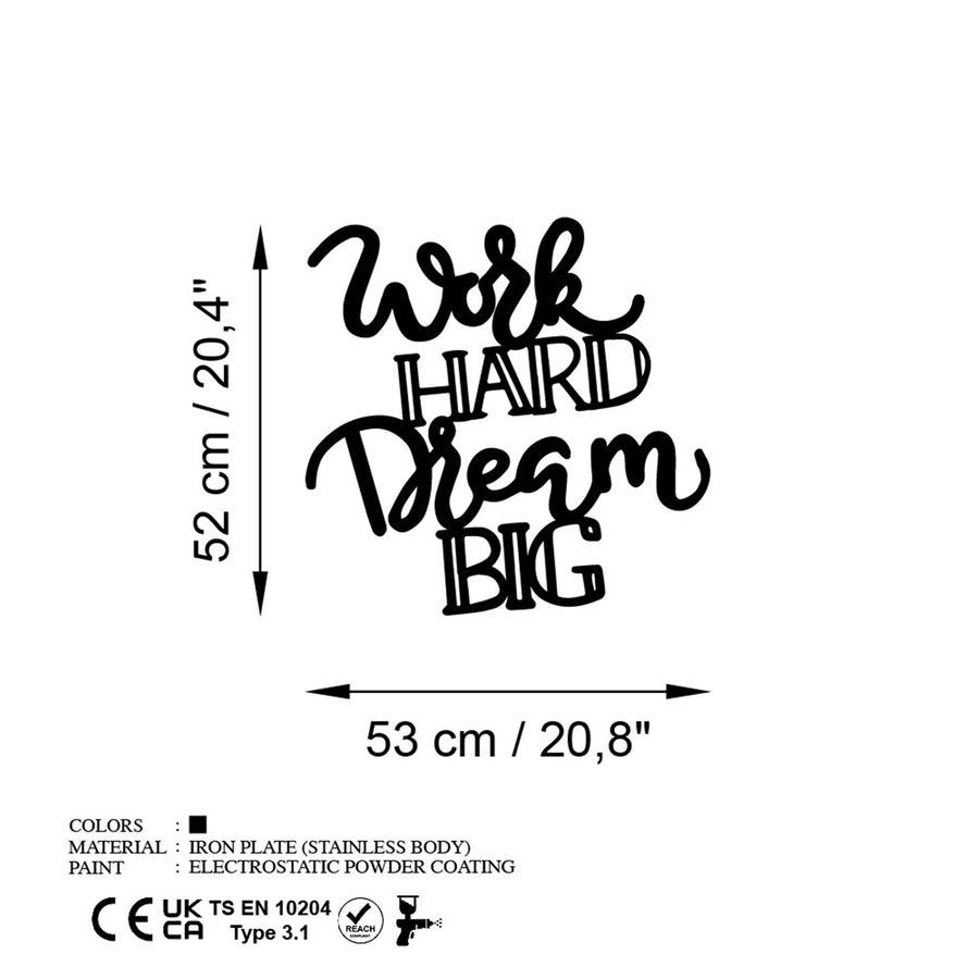 Work Hard Dream Big Yazili Metal Duvar Panosu - Siyah