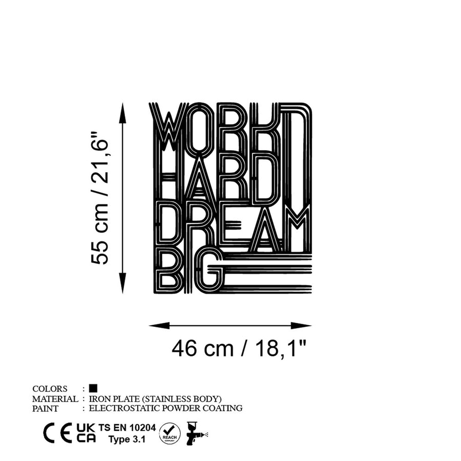 Work Hard Dream Big Art Deco Metal Duvar Panosu - Siyah