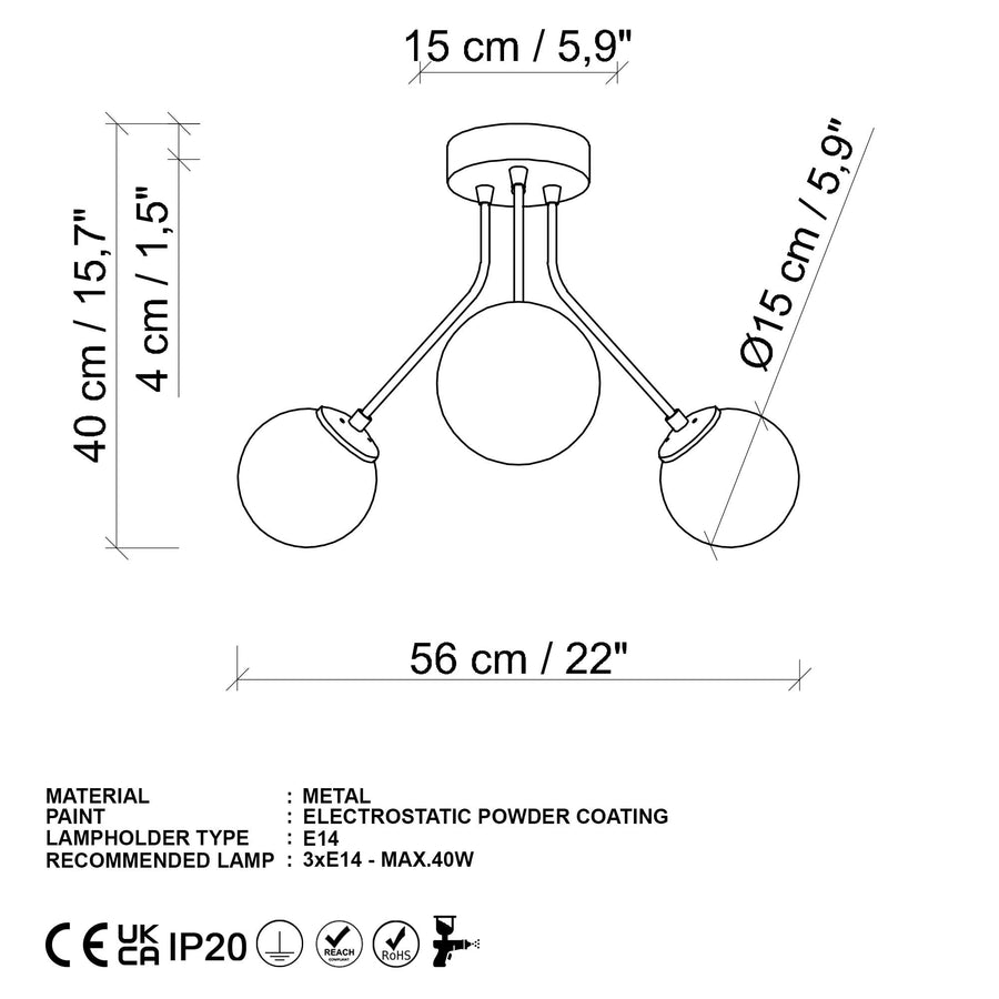 Küresel Cam 3'lü Plafonyer - Altin