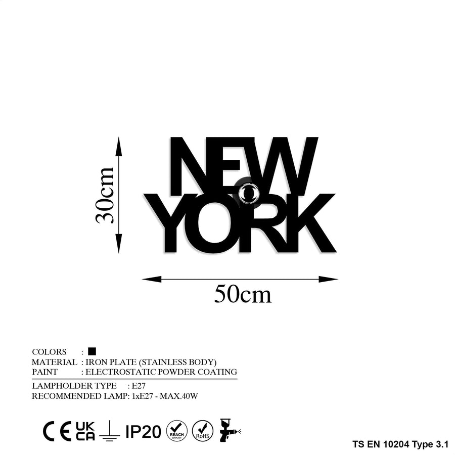New York Yazili Metal Duvar Apligi - Siyah