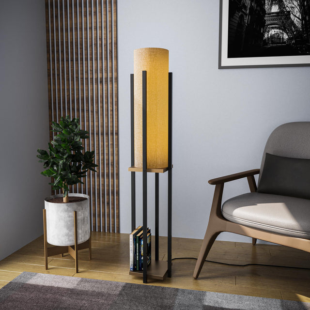 Raflı Lambader Metal Krem Abajur - Siyah