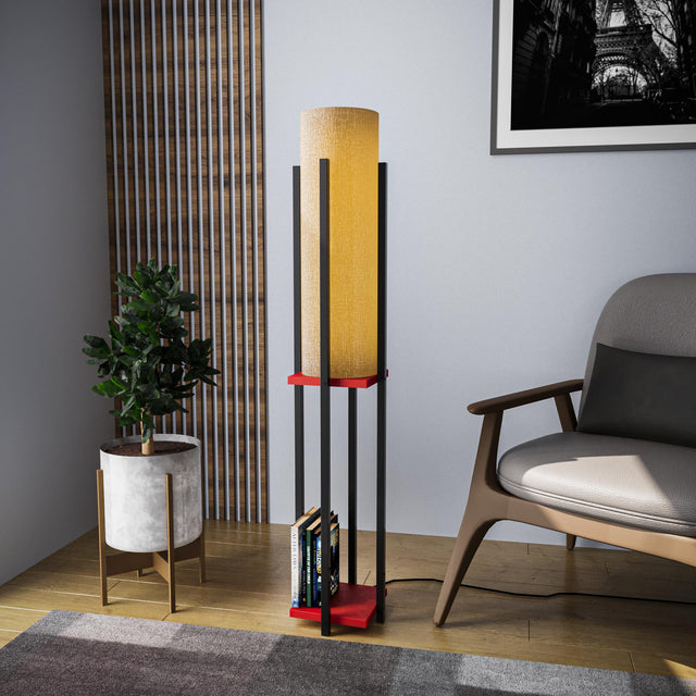 Raflı Lambader Metal Krem Abajur - Siyah