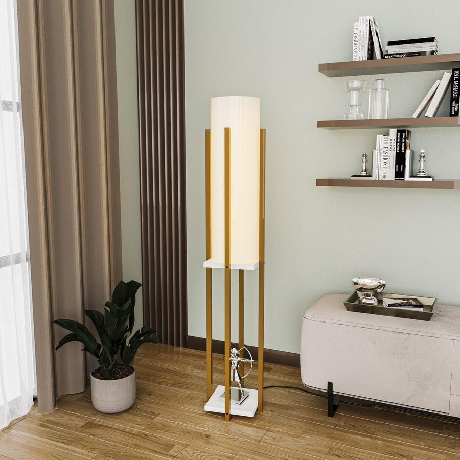 Raflı Lambader Metal Beyaz Abajur - Altin
