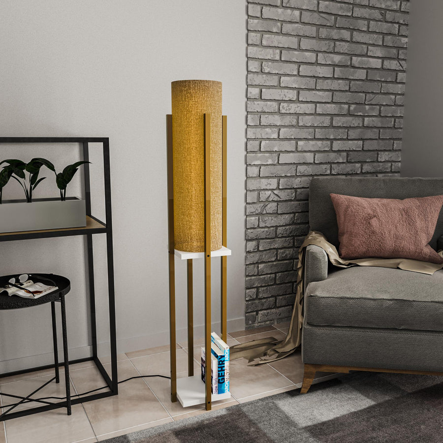Raflı Lambader Metal Krem Abajur - Altin