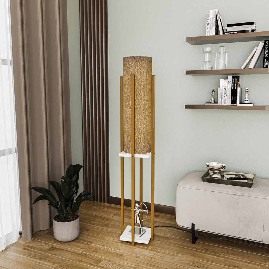 Raflı Lambader Metal Krem Abajur - Altin