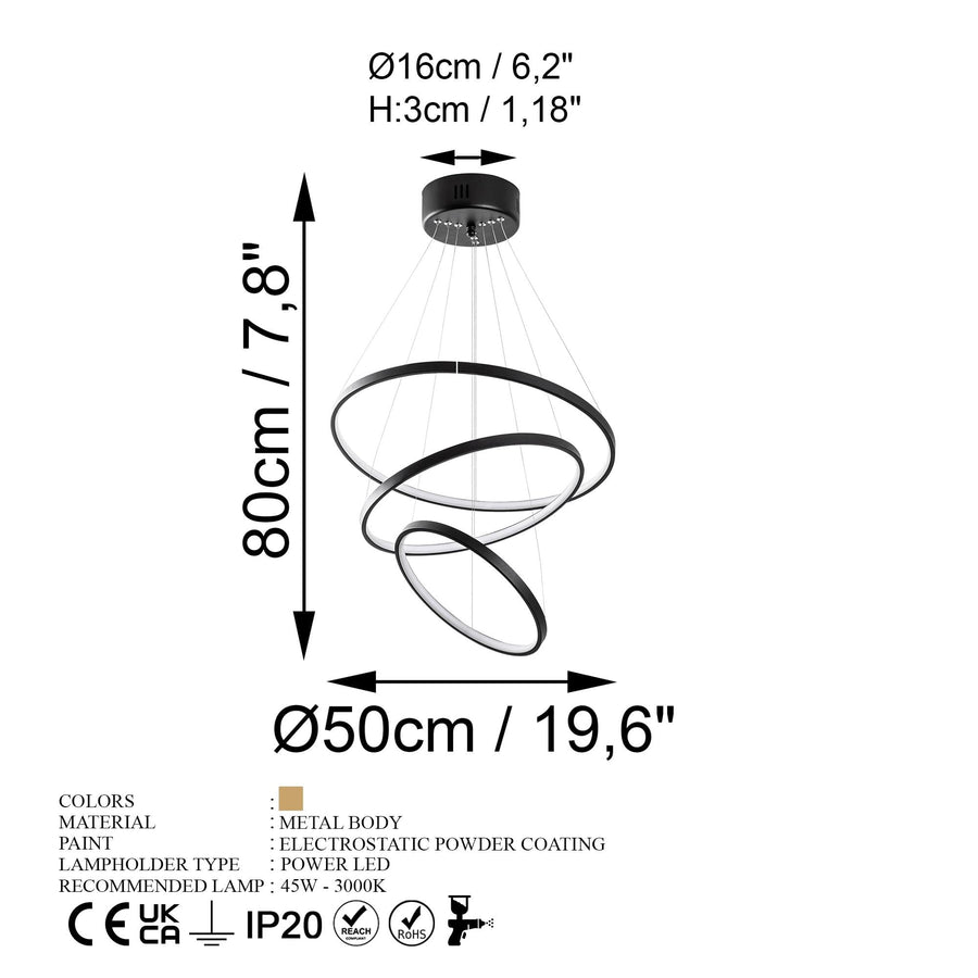 Spiralli LED Avize Metal 3 Halka - Siyah