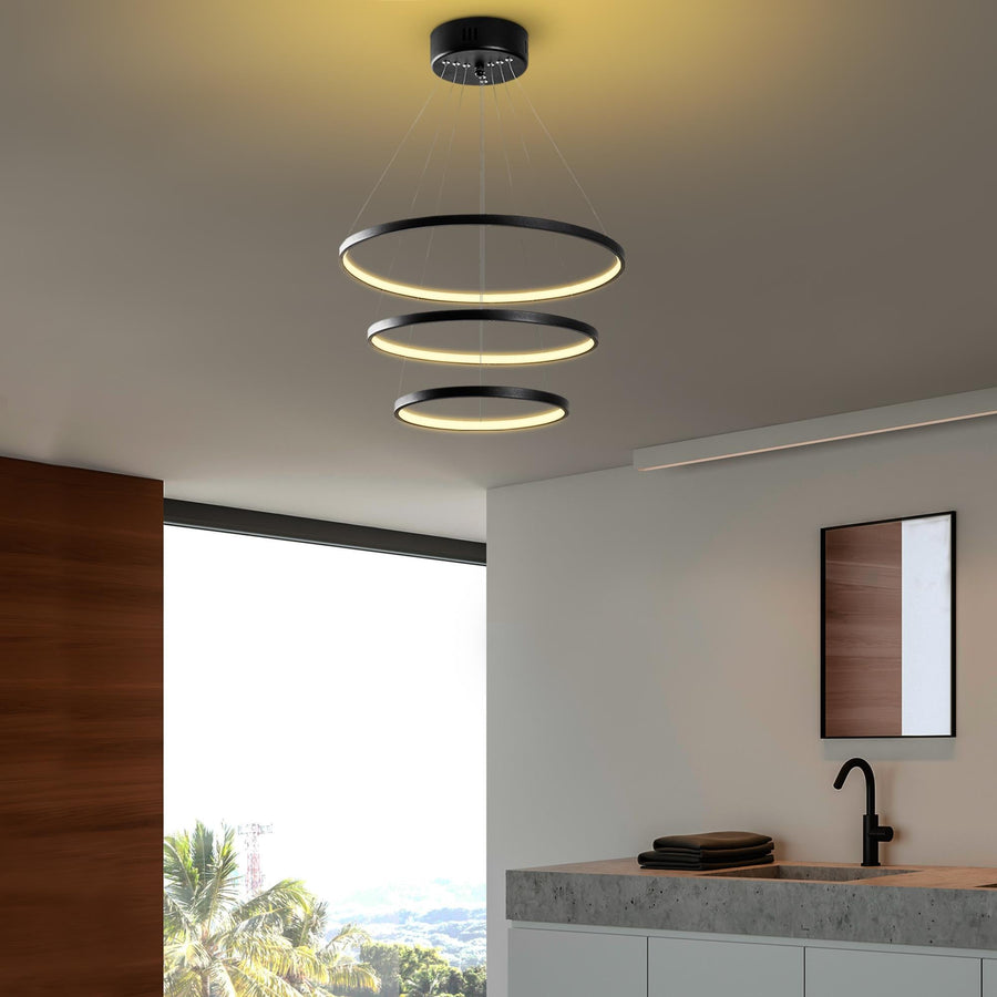 Spiralli LED Avize Metal 3 Halka - Siyah