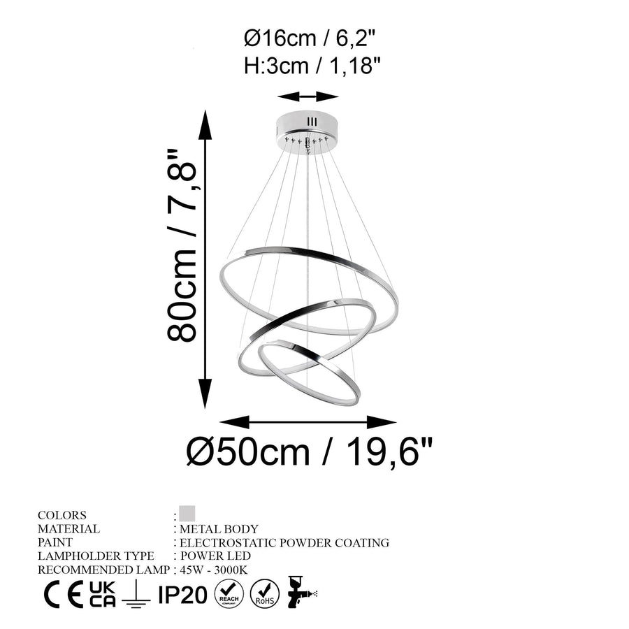 Spiralli LED Avize Metal 3 Halka - Gumus