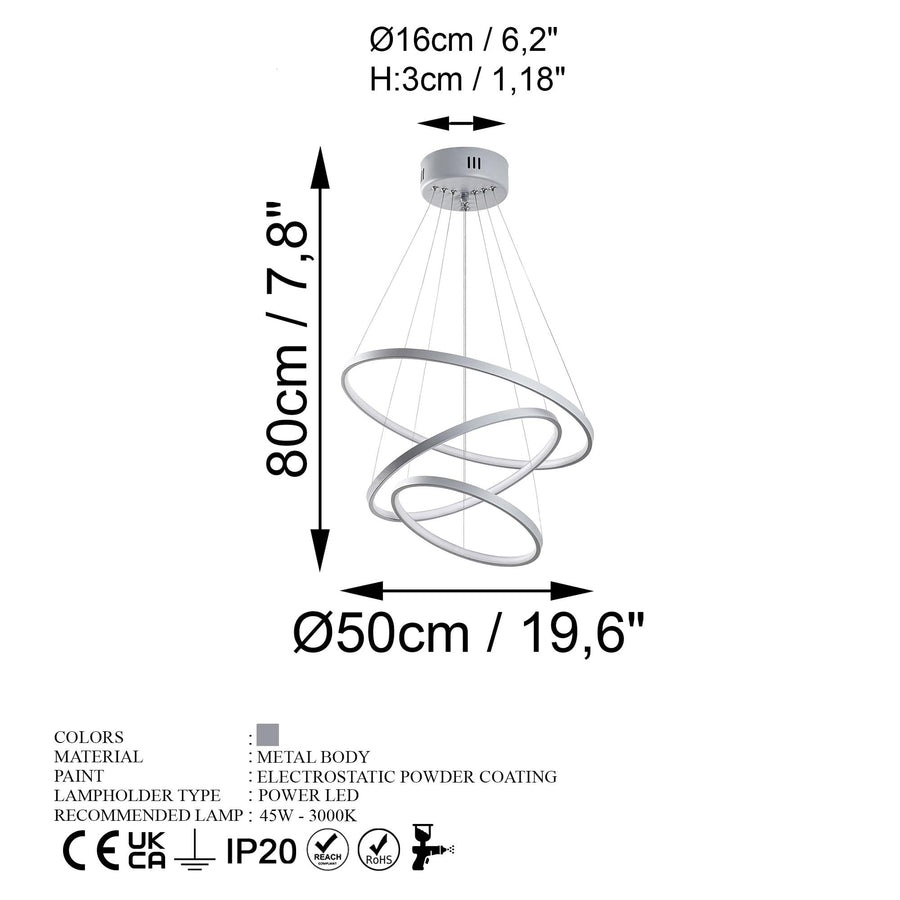 Spiralli LED Avize Metal 3 Halka - Gri