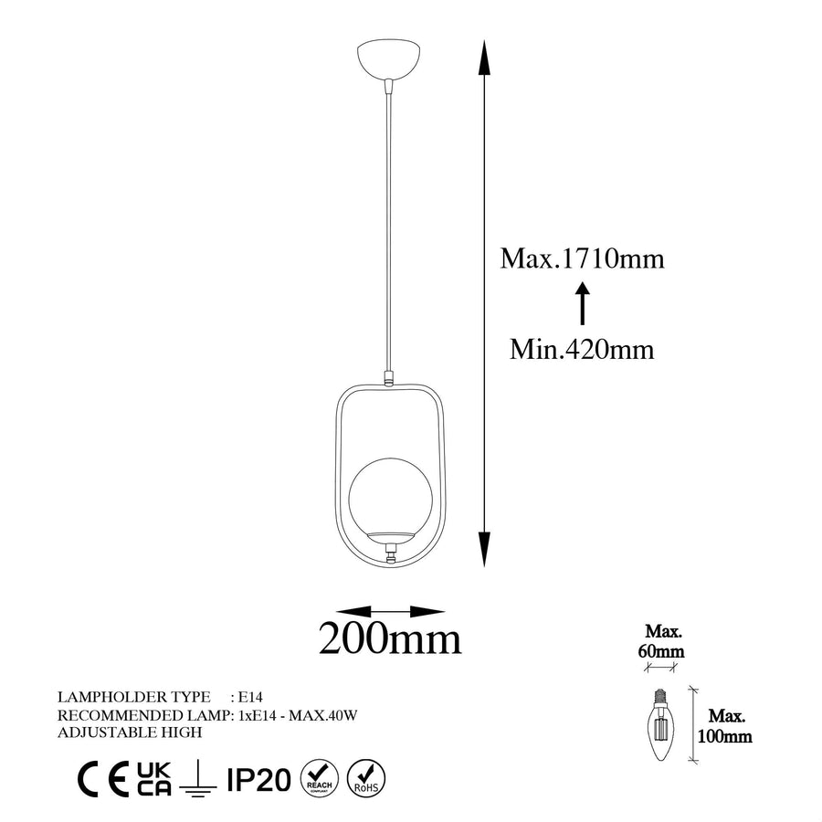 Oval Çerçeveli Cam Tekli Sarkıt Metal - Siyah