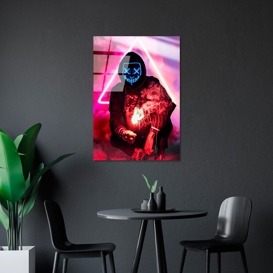 Maskeli Hoodie Figür Pembe Cam Tablo - Kırmızı